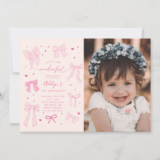 ピンクのコケットが100歳の誕生日パーティーの写真を飾る 招待状 (正面)