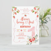 ピンクのコケットガール、いちごの甘い1歳の誕生日 招待状 (スタンド正面)
