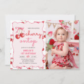 ピンクのコケットボウさくらんぼトップ1の誕生日の写真 招待状 (正面)