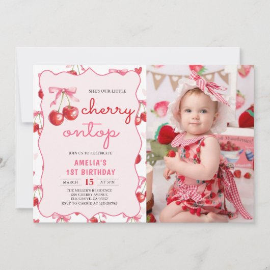 ピンクのコケットボウさくらんぼトップ1の誕生日の写真 招待状 (正面)