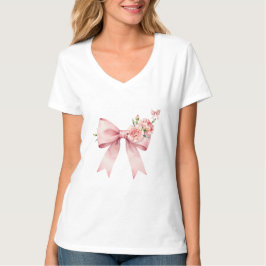 ピンクのコケットリボンと花 Tシャツ