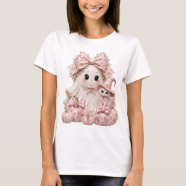 ピンクのコケット幽霊ハロウィン かわいい魔女の子猫 Tシャツ
