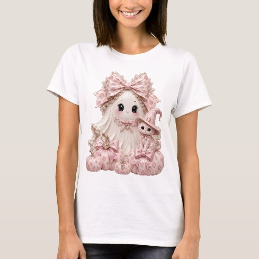 ピンクのコケット幽霊ハロウィン かわいい魔女の子猫 Tシャツ (正面)