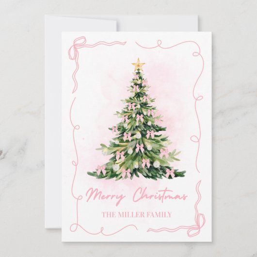 ピンクのコケット弓クリスマスツリーメリークリスマス シーズンカード (正面)