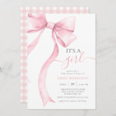 ピンクのコケット弓女の子の赤ちゃんシャワーギンガム 招待状 (正面/裏面)