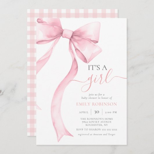 ピンクのコケット弓女の子の赤ちゃんシャワーギンガム 招待状 (正面/裏面)