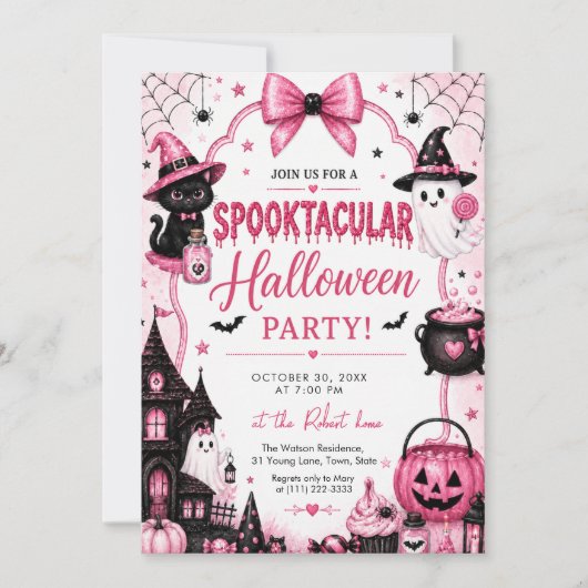ピンクのコケット・スプークタキュラー・ハロウィンパーティー 招待状 (正面)