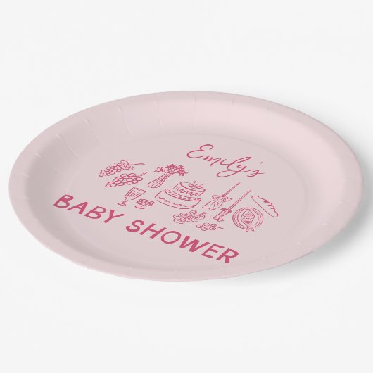 ピンクのコケモダンット手引き赤ちゃんシャワー ペーパープレート (アングル)