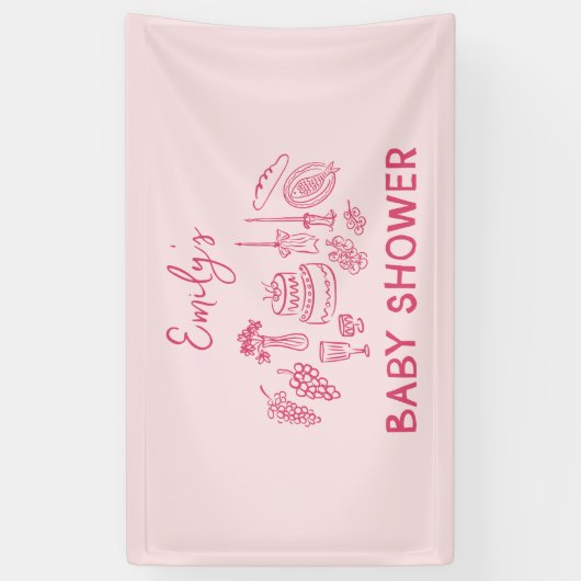 ピンクのコケモダンット手引き赤ちゃんシャワー 横断幕 (縦)