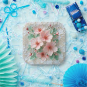 ピンクのコスモスのウェディングフラワーオンレース ペーパープレート (パーティー)