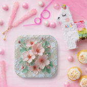 ピンクのコスモスのウェディングフラワーオンレース ペーパープレート (パーティー)