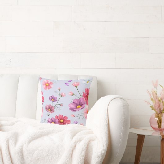 ピンクのコスモスの花柄 クッション (ソファ)