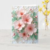 ピンクのコスモスフラワーオンホワイトブライダルレース カード (黄色い花)