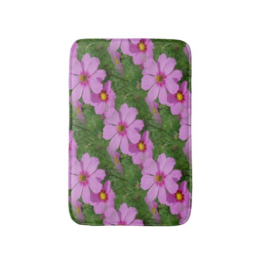 ピンクのコスモス花の自然模様 バスマット (正面縦)