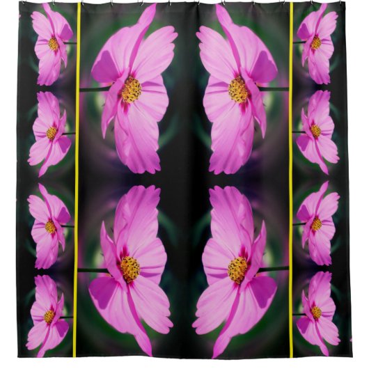 ピンクのコスモス花の鏡模様 シャワーカーテン (正面)