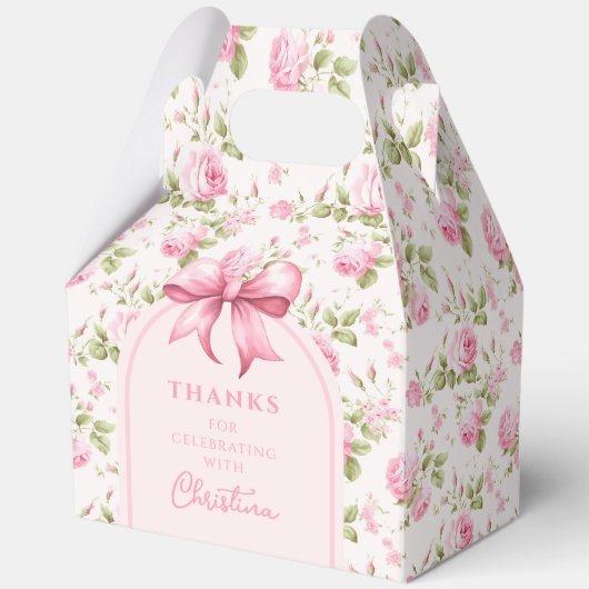 ピンクのコテージバラとボウコケット |ありがとうございます フェイバーボックス (正面)