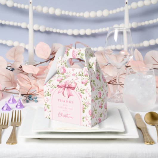 ピンクのコテージバラとボウコケット |ありがとうございます フェイバーボックス (ウェディング)