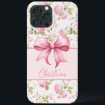 ピンクのコテージバラとボウコケット iPhone 13 PRO MAXケース<br><div class="desc">このiPhoneケースは背景にピンクのキャベツのバラを備え、可愛いピンクの弓であなたの名前のパーソナライズをいかりする湾曲したピンクの箱の形状。</div>
