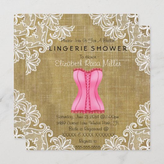 ピンクのコルセット及び白いレースのランジェリーのブライダルシャワー 招待状 (正面/裏面)