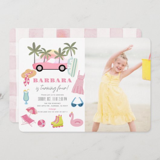 ピンクのコンバーチブルパームツリーガール誕生日写真 招待状 (正面/裏面)