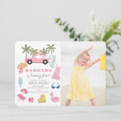 ピンクのコンバーチブルパームツリーガール誕生日写真 招待状 (スタンド正面)