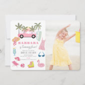 ピンクのコンバーチブルパームツリーガール誕生日写真 招待状 (正面)