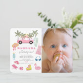 ピンクのコンバーチブルパームツリーガール1stバースデーフォト 招待状 (スタンド正面)