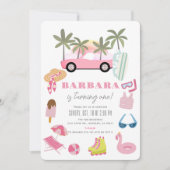 ピンクのコンバーチブルパームツリーガール1st誕生日 招待状 (正面)