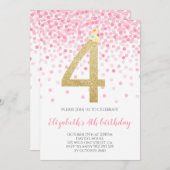 ピンクのコンフェッティパーティー ゴールドナンバーの女の子 4歳の誕生日 招待状 (正面/裏面)