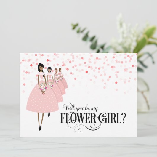 ピンクのコンフェッティ　あなたは私のフラワーガールになってくれる？ エスニック 招待状 (スタンド正面)