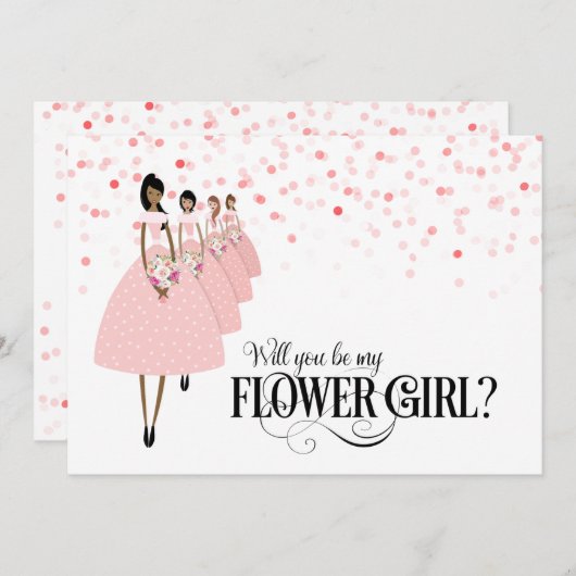 ピンクのコンフェッティ　あなたは私のフラワーガールになってくれる？ エスニック 招待状 (正面/裏面)