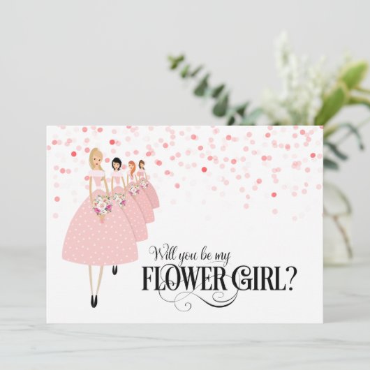 ピンクのコンフェッティ あなたは私のフラワーガールになってくれる? 招待状 (スタンド正面)