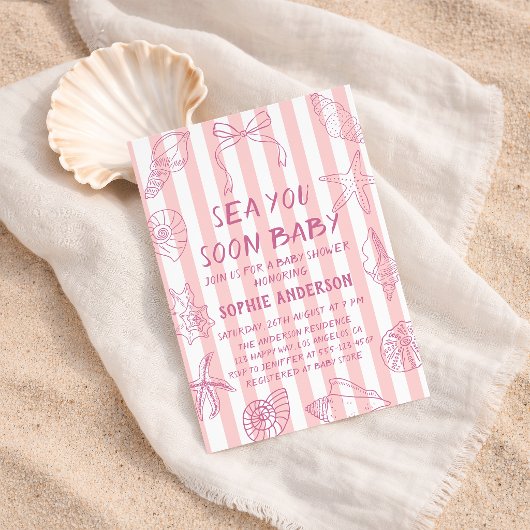 ピンクのコースト「Sea You Soon」ベビーシャワー 招待状