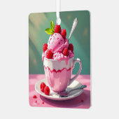 ピンクのコーヒーカップに入ったラズベリーアイスクリーム メタルオーナメント (正面左)