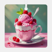 ピンクのコーヒーカップに入ったラズベリーアイスクリーム メタルオーナメント (裏面)