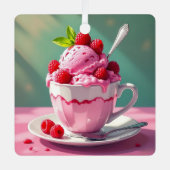 ピンクのコーヒーカップに入ったラズベリーアイスクリーム メタルオーナメント (正面)