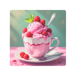 ピンクのコーヒーカップに入ったラズベリーアイスクリーム メタルプリント
