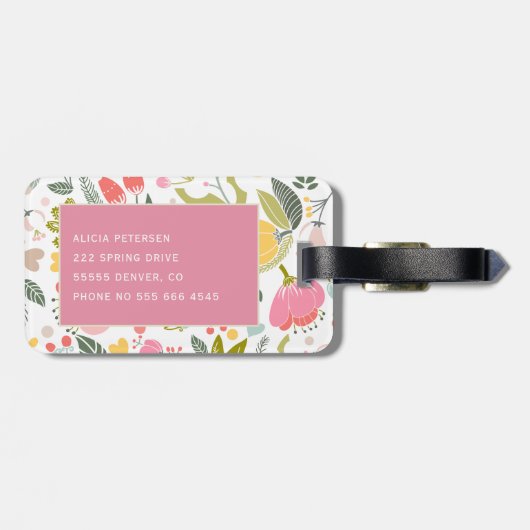 ピンクのコーラルウォーター色フローラルパターンモノグラム名 ラゲッジタグ (裏面横)