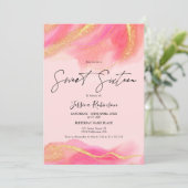 ピンクのコーラルウォーター色金ゴールドグリッター写真Sweet 16 招待状 (スタンド正面)