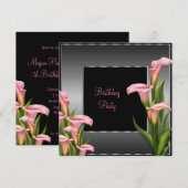 ピンクのコーラルリリーのブラックバースデーパーティー 招待状 (正面/裏面)