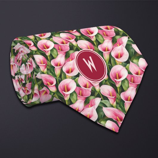 ピンクのコーラルリリーの花柄 ネクタイ