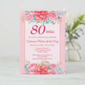 ピンクのコーラル フラワーズ スペイン語 80歳の誕生日パーティー 招待状 (スタンド正面)