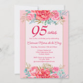 ピンクのコーラル フラワーズ スペイン語 95歳の誕生日パーティー 招待状 (正面)