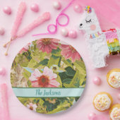 ピンクのコーンフラワー 緑の葉 名前 オーダーメイド ペーパープレート (パーティー)