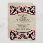 ピンクのゴシック様式の渦巻き旋回の結婚式の招待 招待状 (正面/裏面)