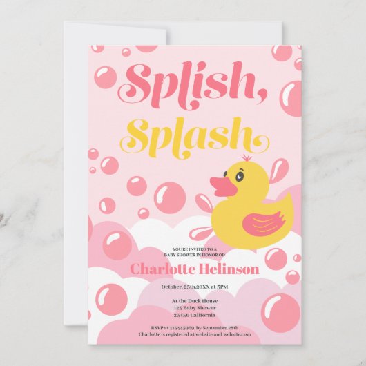 ピンクのゴムのアヒルのスプラッシュバブル赤ちゃんシャワー 招待状 (正面)