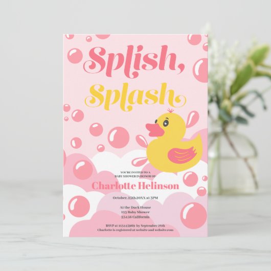 ピンクのゴムのアヒルのスプラッシュバブル赤ちゃんシャワー 招待状 (スタンド正面)