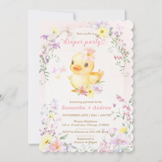 ピンクのゴム製のあひるの おむつパーティー テンプレート (正面)