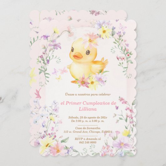 ピンクのゴム製アヒル 女の子の1歳の誕生日 招待状 (正面/裏面)