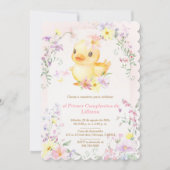 ピンクのゴム製アヒル 女の子の1歳の誕生日 招待状 (正面)